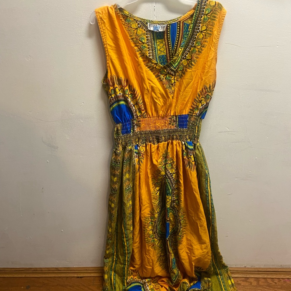 Orange and Blue Embellished Maxi Dress with V-Neck for Weddings
